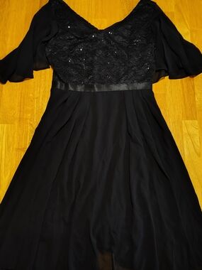 Dressystar Black Sequin Lace Cocktail Dress Chiffon Ruffle Sleeve Small NWT